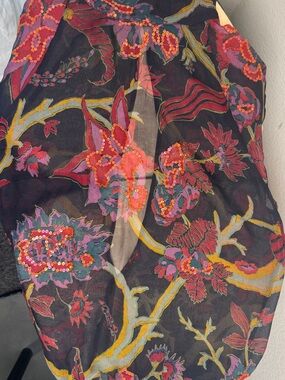 Patrizia Pepe Black Sheer Floral Scarf with Pink, Red & Yellow Details